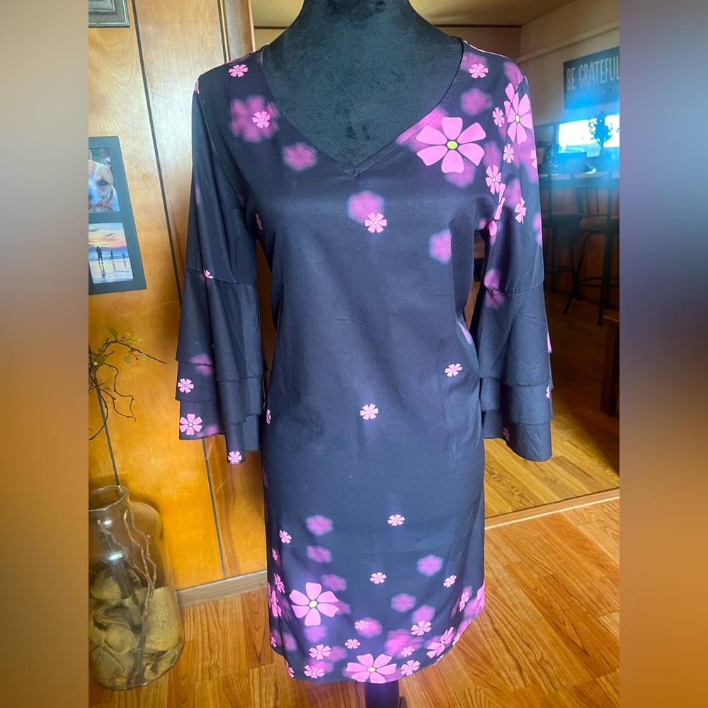 Black and pink floral v neck long dress size small